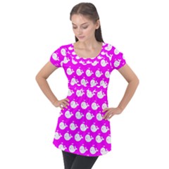 Cute Whale Illustration Pattern Puff Sleeve Tunic Top by GardenOfOphir