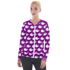 Cute Whale Illustration Pattern Velvet Zip Up Jacket by GardenOfOphir