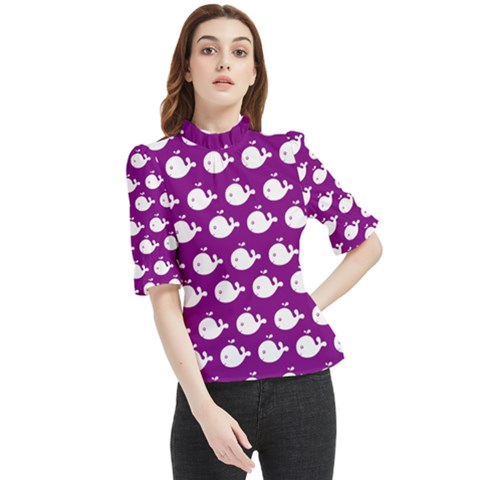 Cute Whale Illustration Pattern Frill Neck Blouse by GardenOfOphir