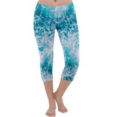 Tropical Blue Ocean Wave Capri Yoga Leggings by Jack14