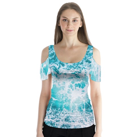 Tropical Blue Ocean Wave Butterfly Sleeve Cutout Tee  by Jack14