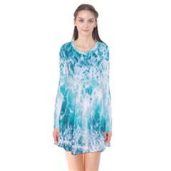 Tropical Blue Ocean Wave Long Sleeve V-neck Flare Dress by Jack14