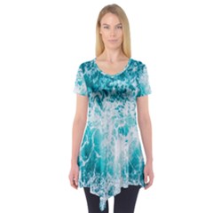 Tropical Blue Ocean Wave Short Sleeve Tunic 