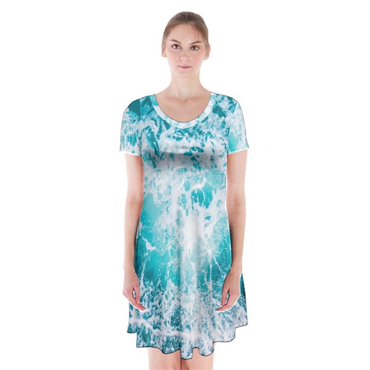 Tropical Blue Ocean Wave Short Sleeve V-neck Flare Dress