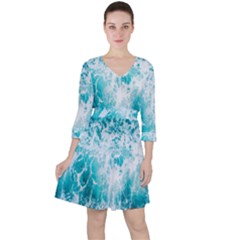 Tropical Blue Ocean Wave Quarter Sleeve Ruffle Waist Dress by Jack14