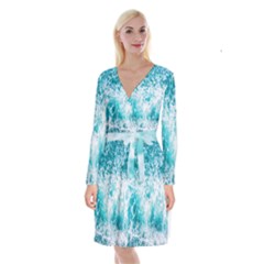 Tropical Blue Ocean Wave Long Sleeve Velvet Front Wrap Dress