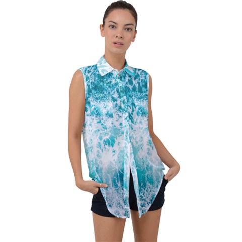 Tropical Blue Ocean Wave Sleeveless Chiffon Button Shirt by Jack14