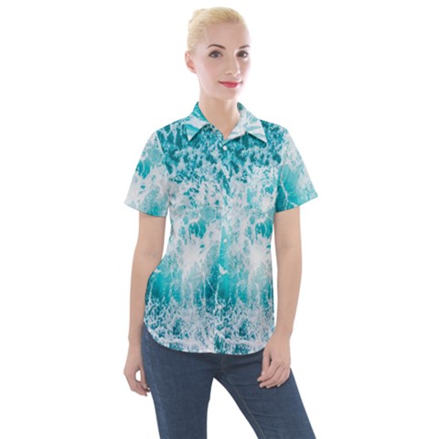 Tropical Blue Ocean Wave Women s Short Sleeve Pocket Shirt by Jack14