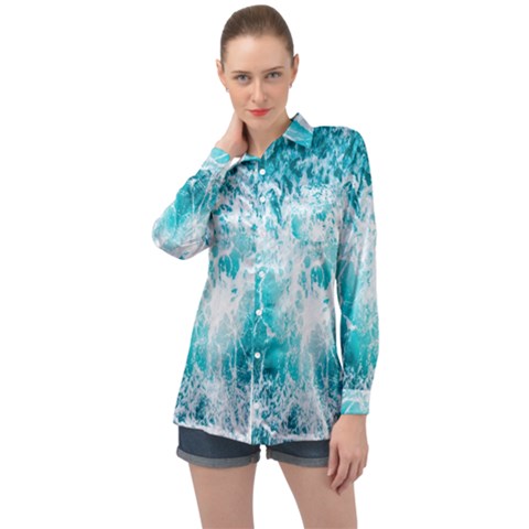 Tropical Blue Ocean Wave Long Sleeve Satin Shirt by Jack14