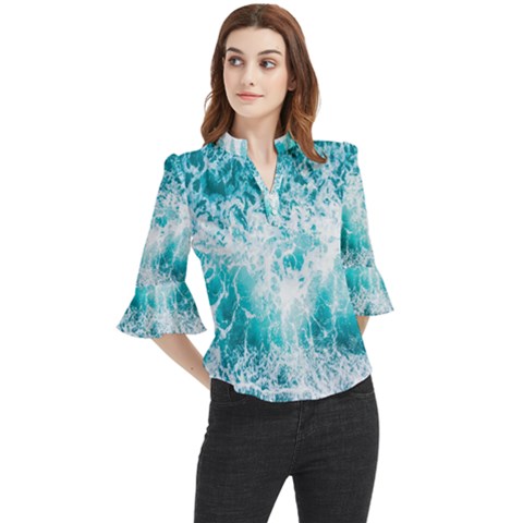 Tropical Blue Ocean Wave Loose Horn Sleeve Chiffon Blouse by Jack14