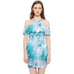 Tropical Blue Ocean Wave Shoulder Frill Bodycon Summer Dress by Jack14