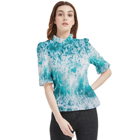 Tropical Blue Ocean Wave Frill Neck Blouse by Jack14