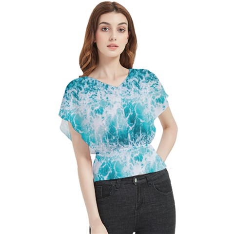 Tropical Blue Ocean Wave Butterfly Chiffon Blouse by Jack14