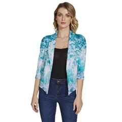 Tropical Blue Ocean Wave Women s Draped Front 3/4 Sleeve Shawl Collar Jacket