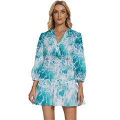 Tropical Blue Ocean Wave V-neck Placket Mini Dress by Jack14