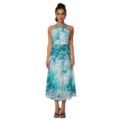 Tropical Blue Ocean Wave Sleeveless Cross Front Cocktail Midi Chiffon Dress