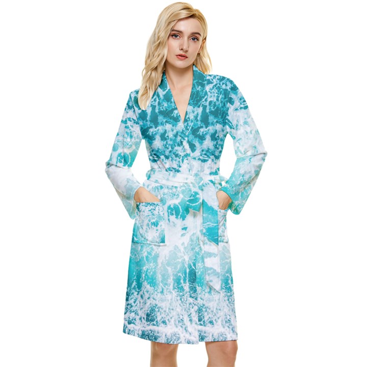 Tropical Blue Ocean Wave Long Sleeve Velvet Robe