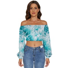 Tropical Blue Ocean Wave Long Sleeve Crinkled Weave Crop Top