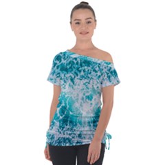 Tropical Blue Ocean Wave Off Shoulder Tie-up Tee