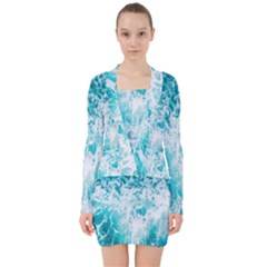 Tropical Blue Ocean Wave V-neck Bodycon Long Sleeve Dress by Jack14