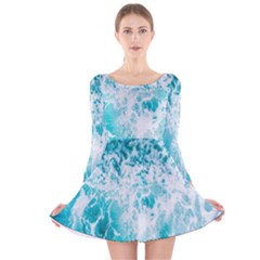 Tropical Blue Ocean Wave Long Sleeve Velvet Skater Dress