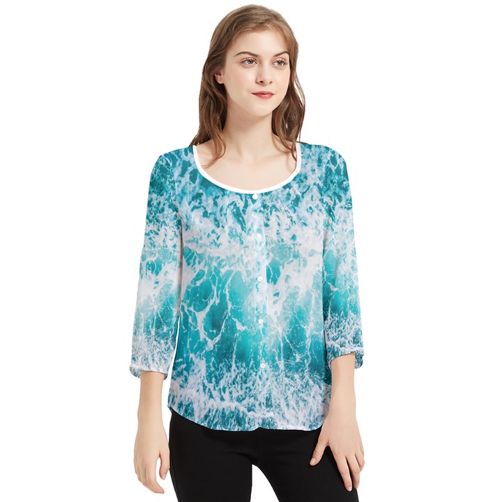 Tropical Blue Ocean Wave Chiffon Quarter Sleeve Blouse