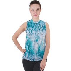 Tropical Blue Ocean Wave Mock Neck Chiffon Sleeveless Top by Jack14