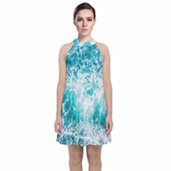 Tropical Blue Ocean Wave Velvet Halter Neckline Dress  by Jack14