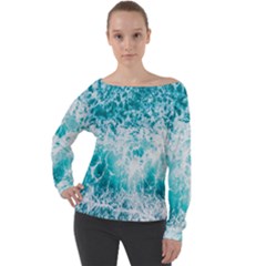 Tropical Blue Ocean Wave Off Shoulder Long Sleeve Velour Top by Jack14