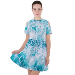 Tropical Blue Ocean Wave Short Sleeve Shoulder Cut Out Dress  by Jack14