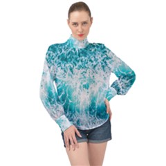 Tropical Blue Ocean Wave High Neck Long Sleeve Chiffon Top by Jack14