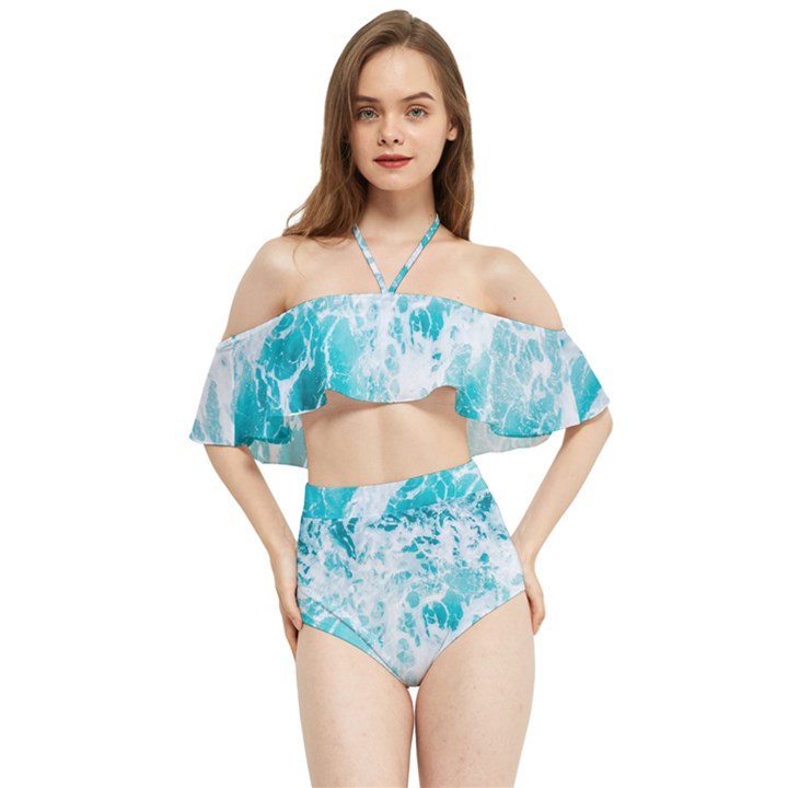 Tropical Blue Ocean Wave Halter Flowy Bikini Set 