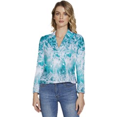 Tropical Blue Ocean Wave Women s Long Sleeve Revers Collar Cropped Jacket