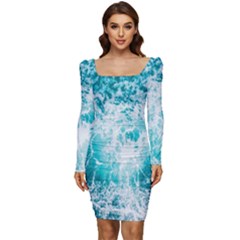 Tropical Blue Ocean Wave Women Long Sleeve Ruched Stretch Jersey Dress