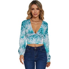 Tropical Blue Ocean Wave Long Sleeve Deep-v Velour Top by Jack14