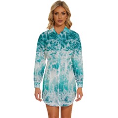 Tropical Blue Ocean Wave Womens Long Sleeve Shirt Dress