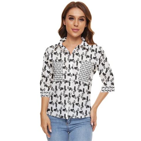 Chooper Motorcycle Drawing Motif Pattern Women s Quarter Sleeve Pocket Shirt by dflcprintsclothing