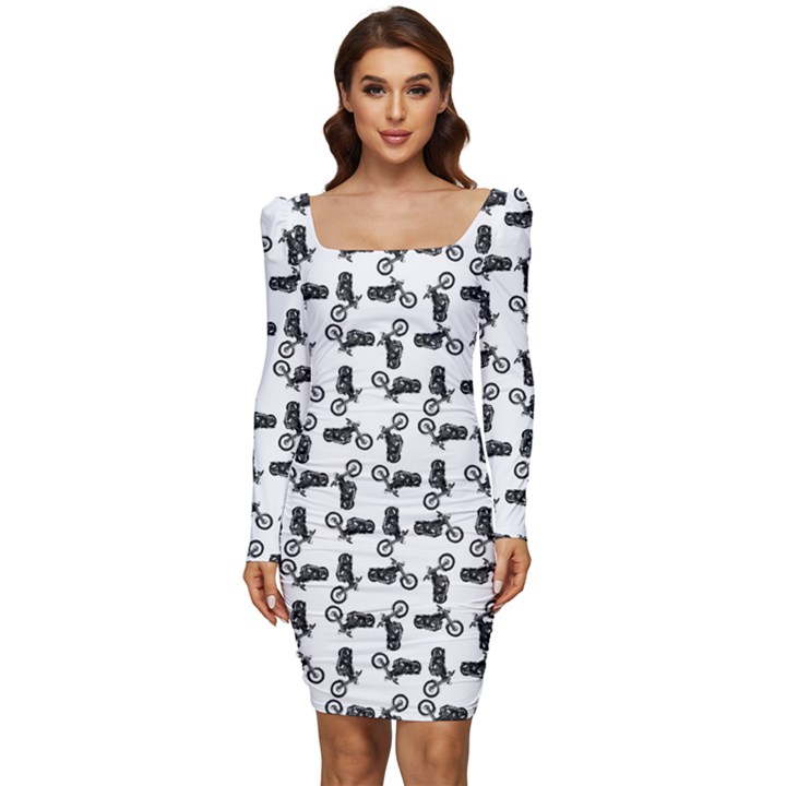 Chooper Motorcycle Drawing Motif Pattern Women Long Sleeve Ruched Stretch Jersey Dress