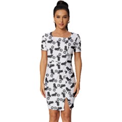 Chooper Motorcycle Drawing Motif Pattern Fitted Knot Split End Bodycon Dress by dflcprintsclothing