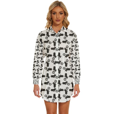 Chooper Motorcycle Drawing Motif Pattern Womens Long Sleeve Shirt Dress by dflcprintsclothing