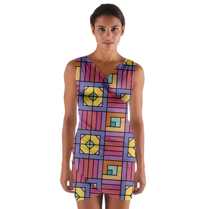 Pattern Geometric Colorful Lines Shapes Wrap Front Bodycon Dress