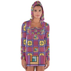 Pattern Geometric Colorful Lines Shapes Long Sleeve Hooded T-shirt