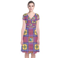 Pattern Geometric Colorful Lines Shapes Short Sleeve Front Wrap Dress