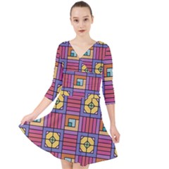 Pattern Geometric Colorful Lines Shapes Quarter Sleeve Front Wrap Dress