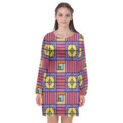 Pattern Geometric Colorful Lines Shapes Long Sleeve Chiffon Shift Dress 