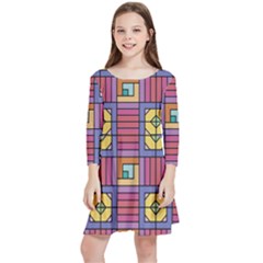 Pattern Geometric Colorful Lines Shapes Kids  Quarter Sleeve Skater Dress