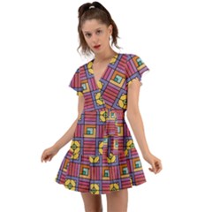 Pattern Geometric Colorful Lines Shapes Flutter Sleeve Wrap Dress