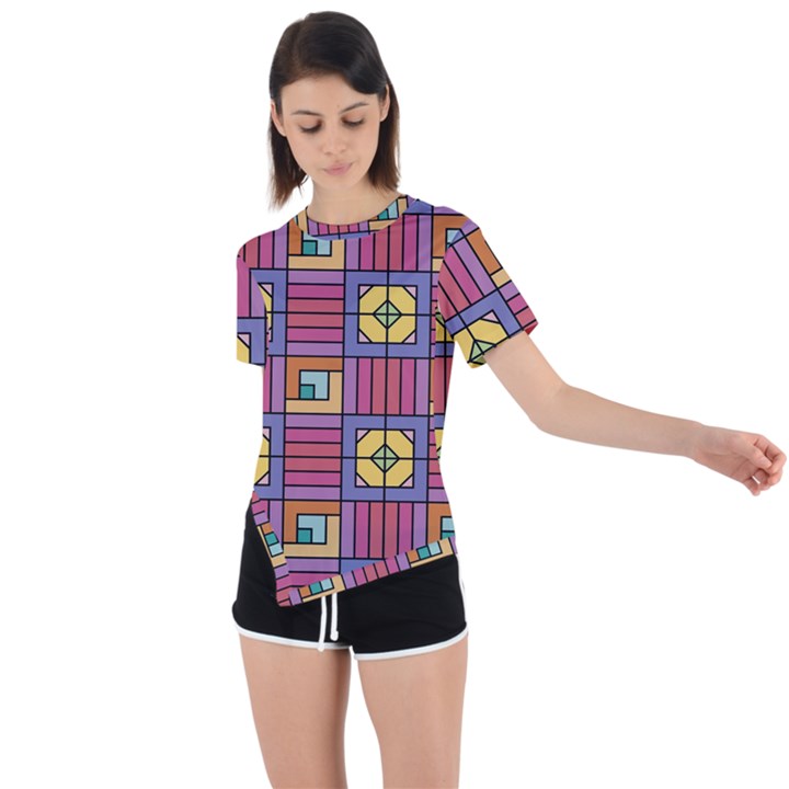 Pattern Geometric Colorful Lines Shapes Asymmetrical Short Sleeve Sports Tee