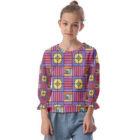 Pattern Geometric Colorful Lines Shapes Kids  Cuff Sleeve Top by Jancukart