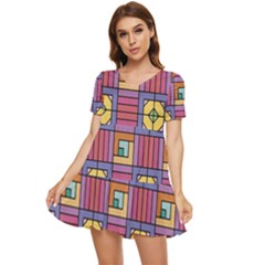 Pattern Geometric Colorful Lines Shapes Tiered Short Sleeve Babydoll Dress by Jancukart